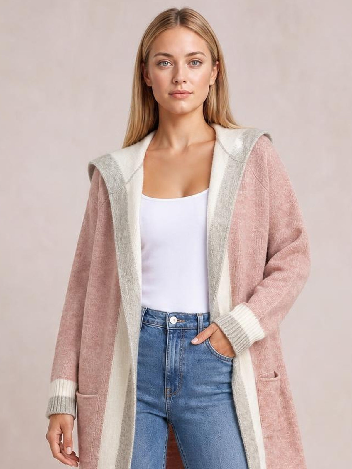 Pocketed Contrast Long Sleeve Hooded Cardigan · Rule Full Body - Hero Full Body