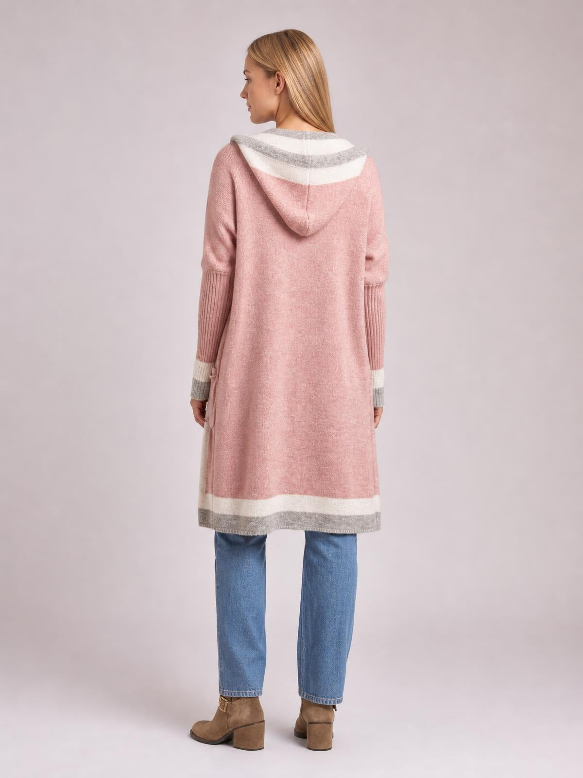 Pocketed Contrast Long Sleeve Hooded Cardigan · Rule Full Body - Back View