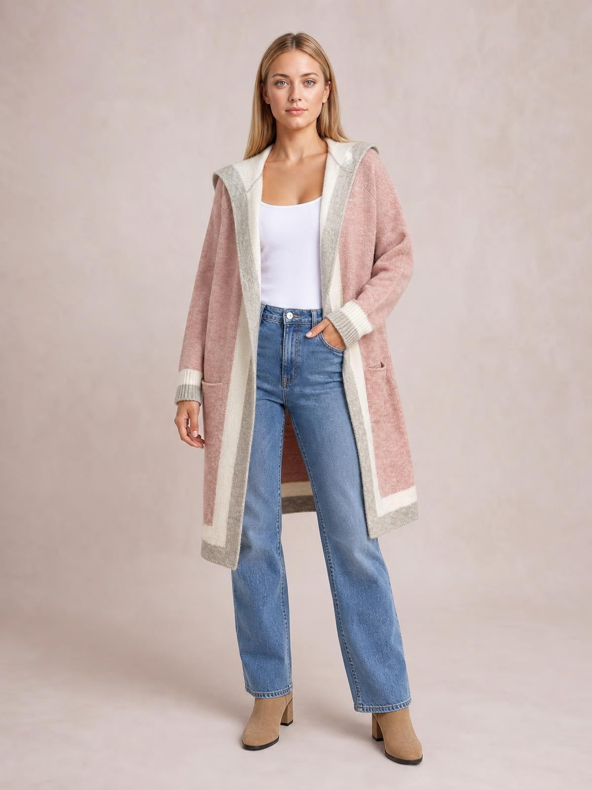Pocketed Contrast Long Sleeve Hooded Cardigan · Rule Full Body - Hero Full Body
