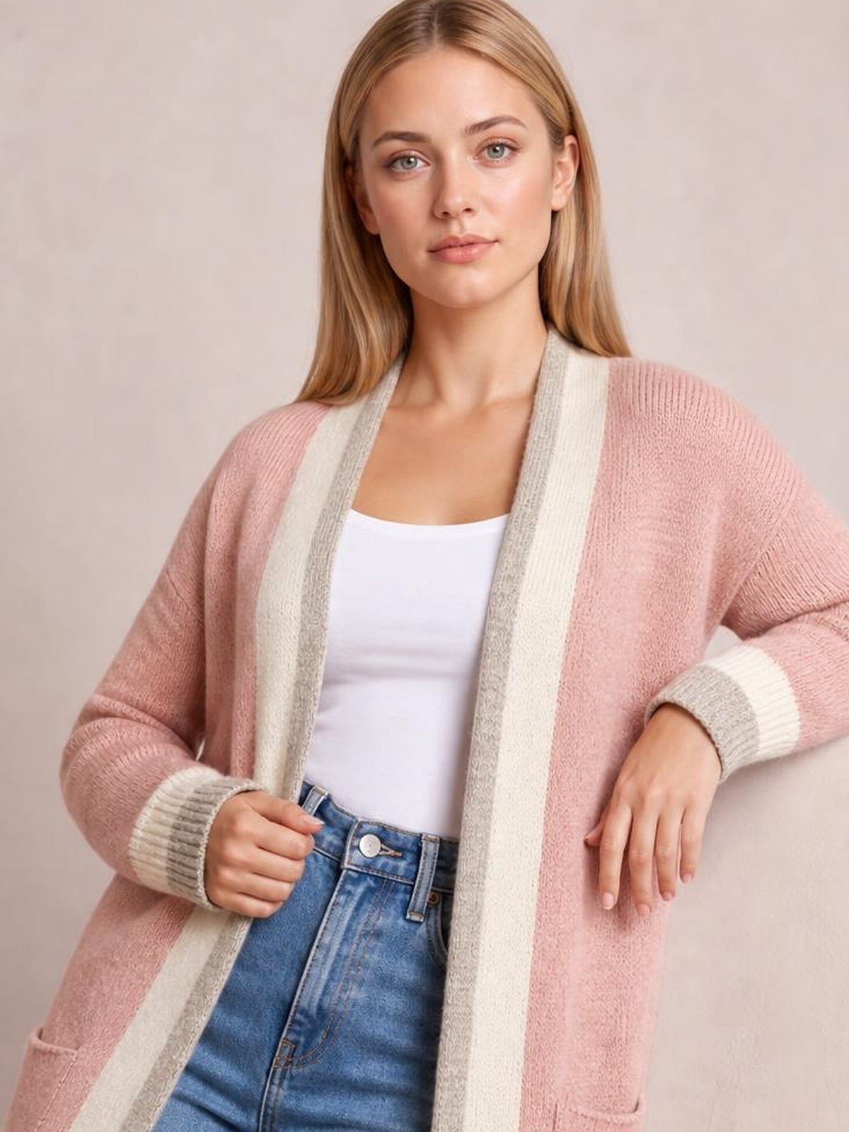 Pocketed Contrast Long Sleeve Hooded Cardigan · Rule Crop - Torso / Waist Up - Studio Prop Pose