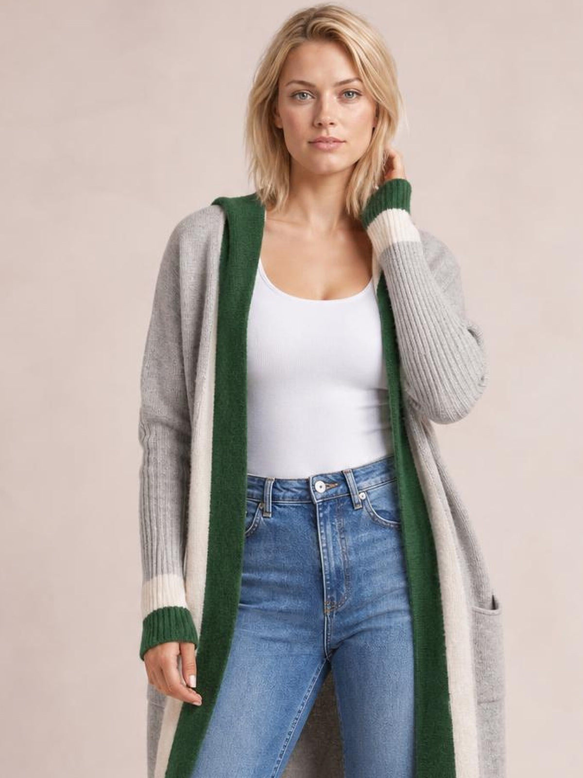 Pocketed Contrast Long Sleeve Hooded Cardigan · Rule Full Body - Medium / Three-Quarter