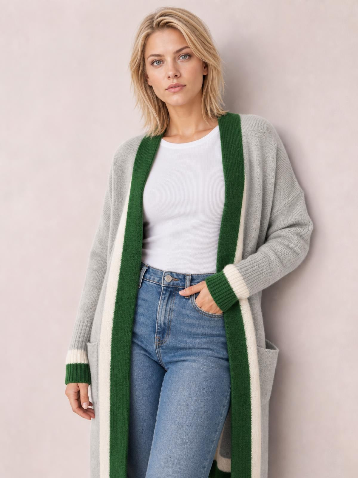 Pocketed Contrast Long Sleeve Hooded Cardigan · Rule Crop - Torso / Waist Up - Studio Prop Pose
