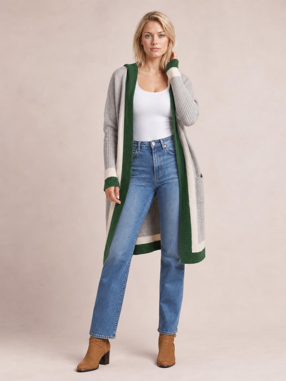 Pocketed Contrast Long Sleeve Hooded Cardigan · Rule Full Body - Medium / Three-Quarter
