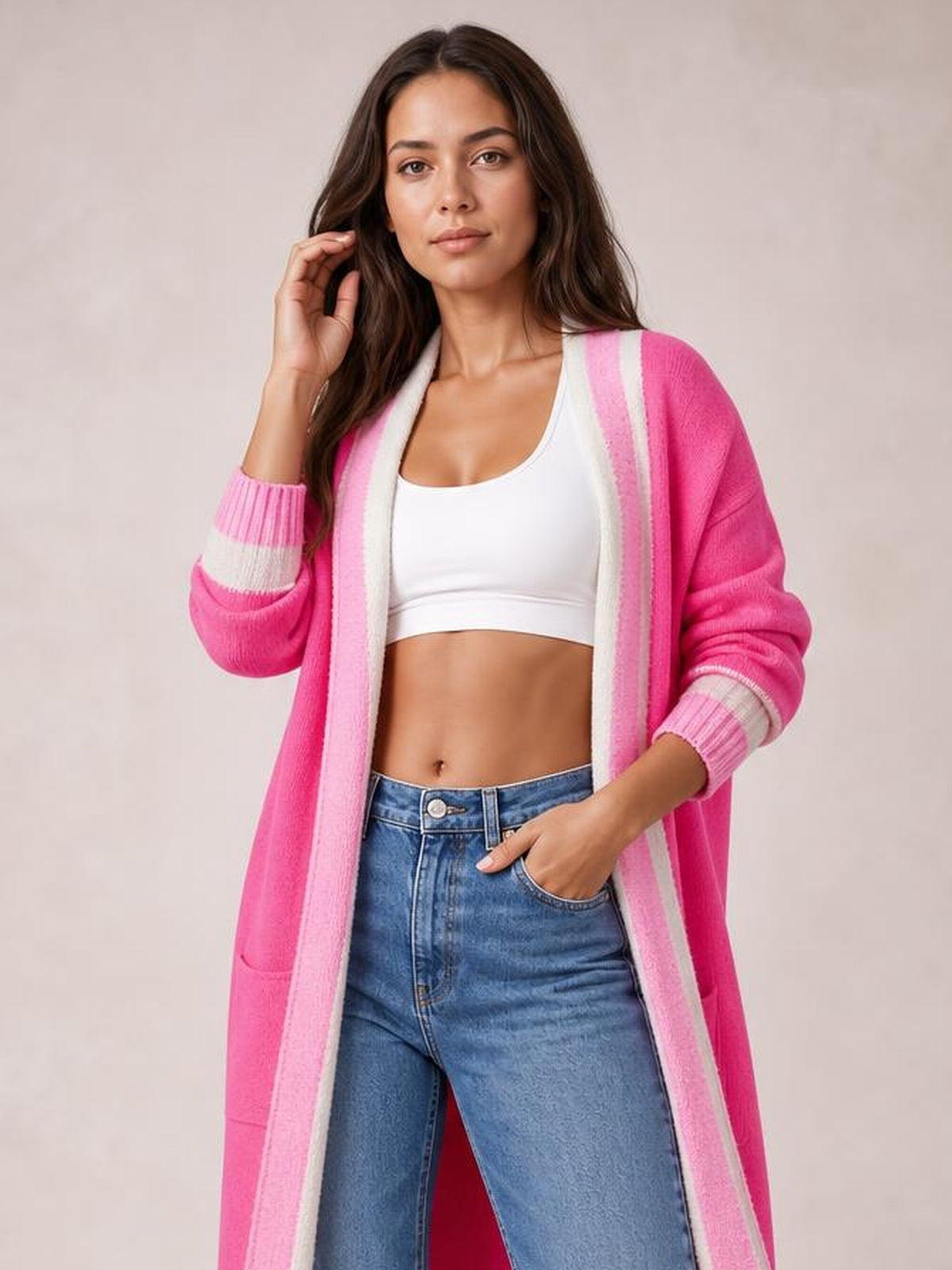 Pocketed Contrast Long Sleeve Hooded Cardigan · Rule Full Body - Medium / Three-Quarter