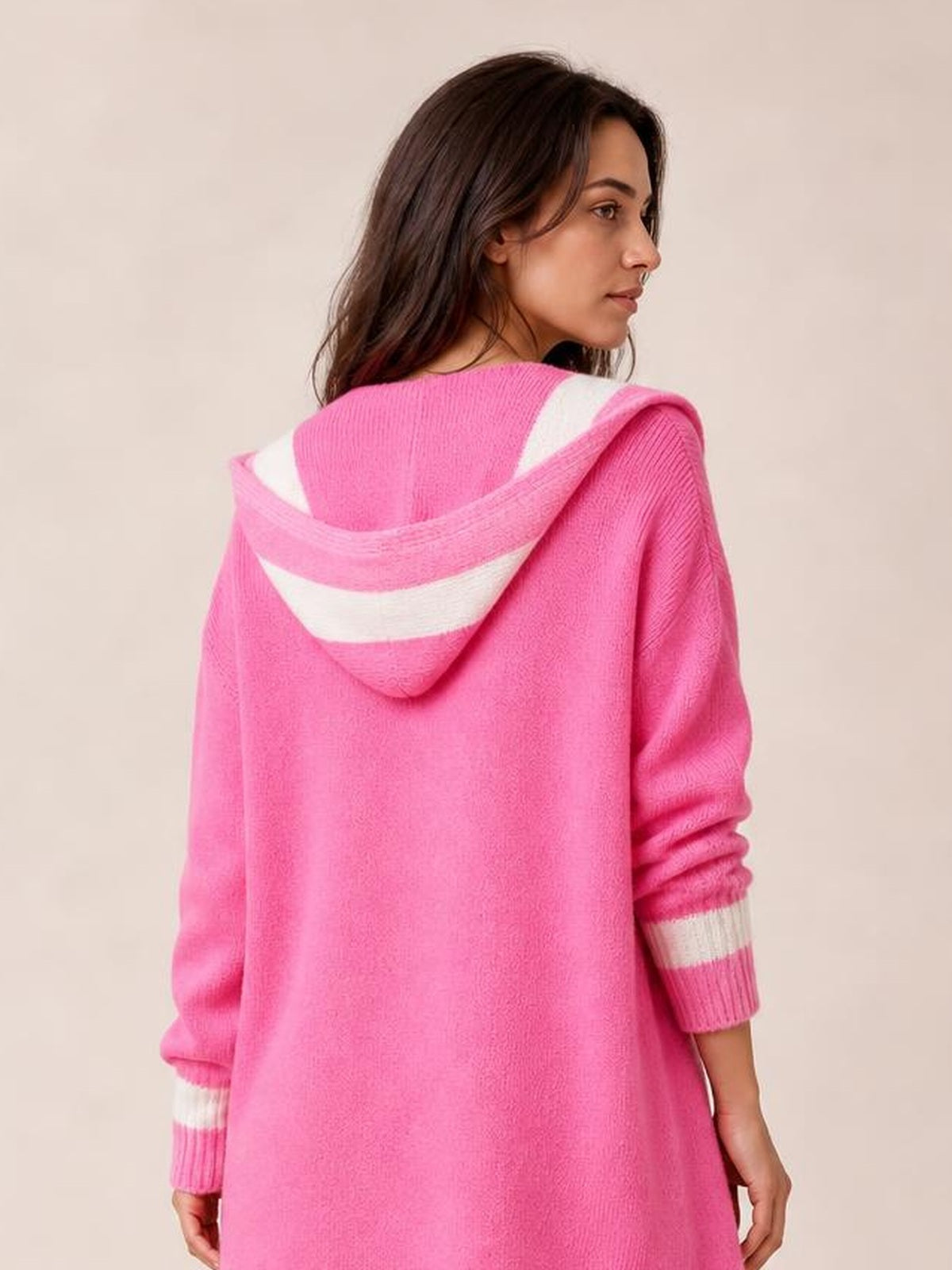 Pocketed Contrast Long Sleeve Hooded Cardigan · Rule Full Body - Back View