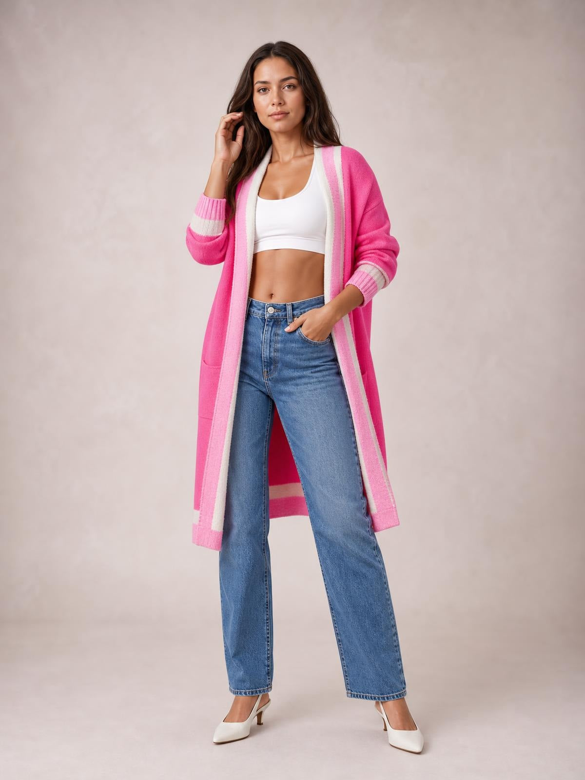 Pocketed Contrast Long Sleeve Hooded Cardigan · Rule Full Body - Medium / Three-Quarter