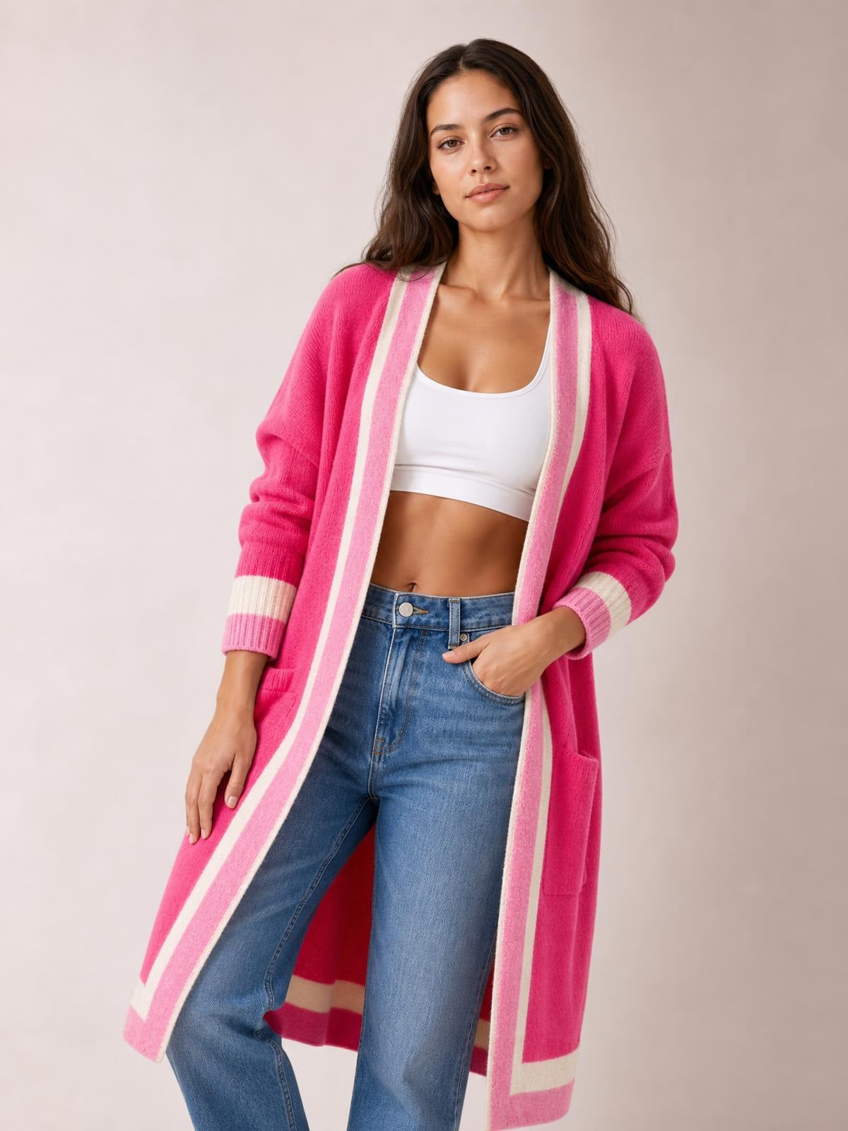 Pocketed Contrast Long Sleeve Hooded Cardigan · Rule Crop - Torso / Waist Up - Studio Prop Pose