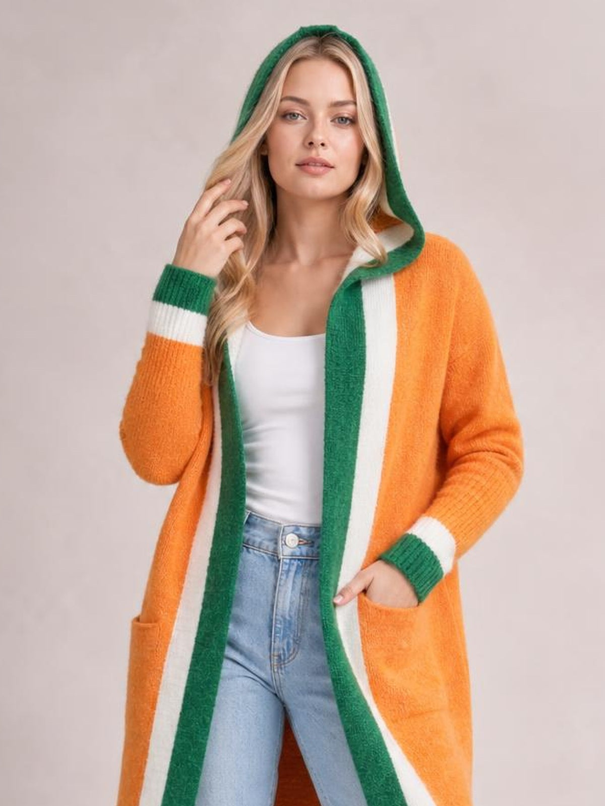 Pocketed Contrast Long Sleeve Hooded Cardigan · Rule Full Body - Medium / Three-Quarter