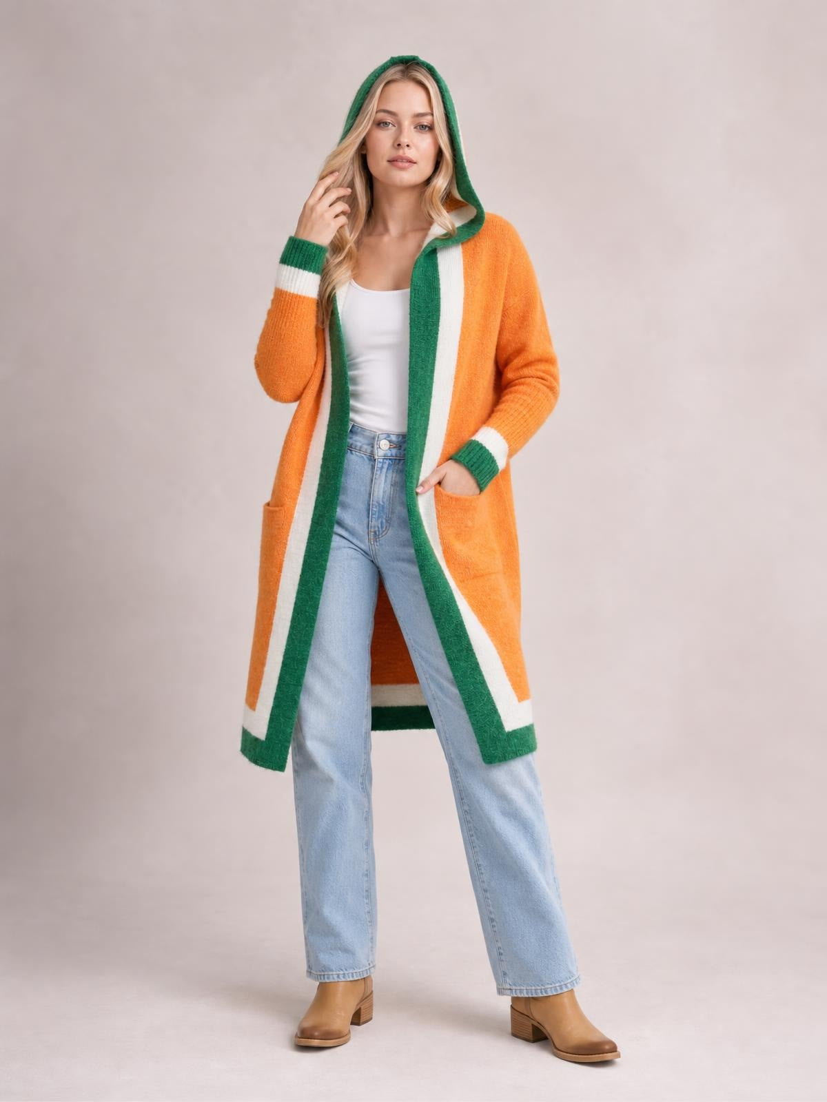 Pocketed Contrast Long Sleeve Hooded Cardigan · Rule Full Body - Medium / Three-Quarter