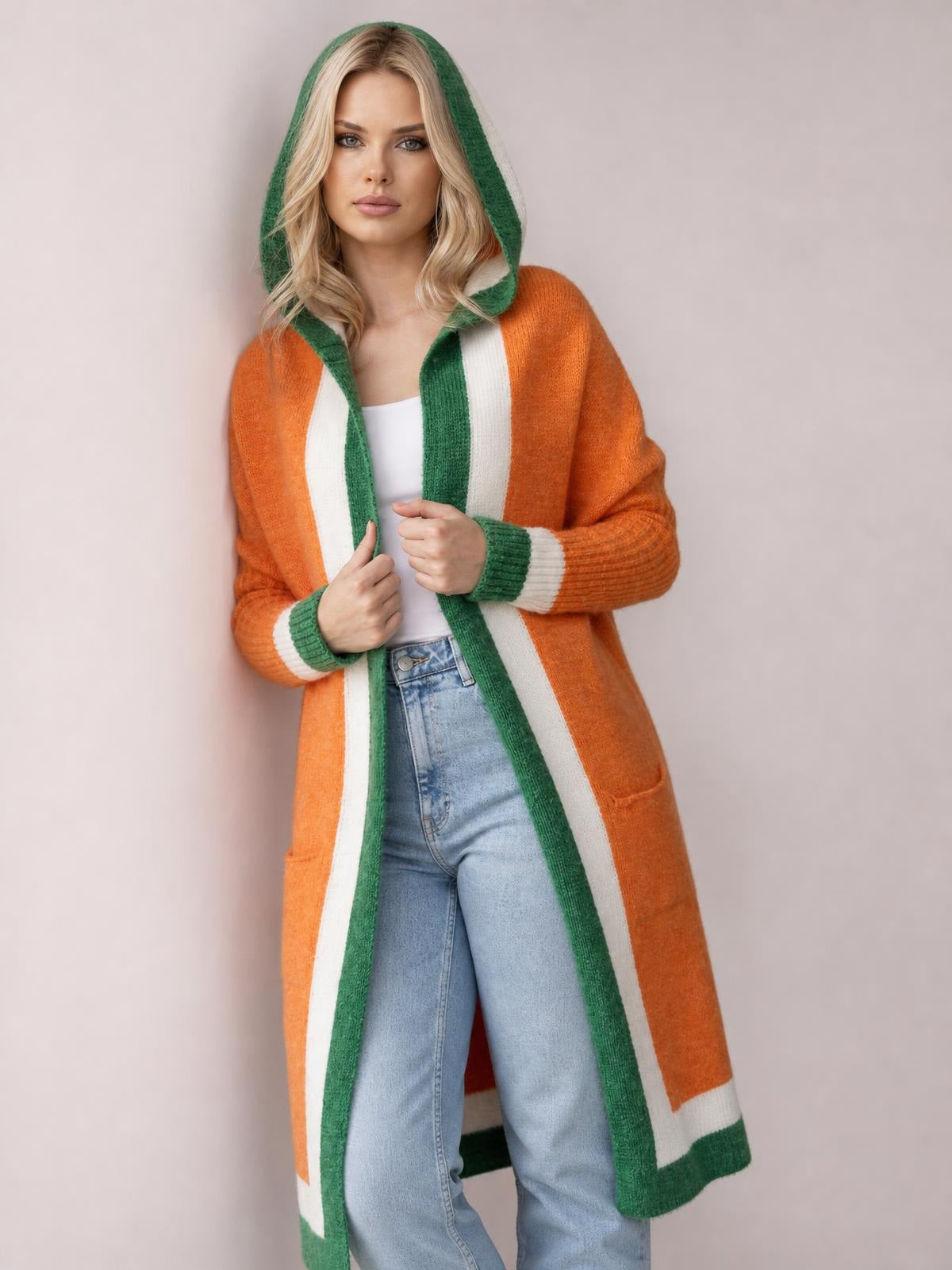 Pocketed Contrast Long Sleeve Hooded Cardigan · Rule Crop - Torso / Waist Up - Studio Prop Pose