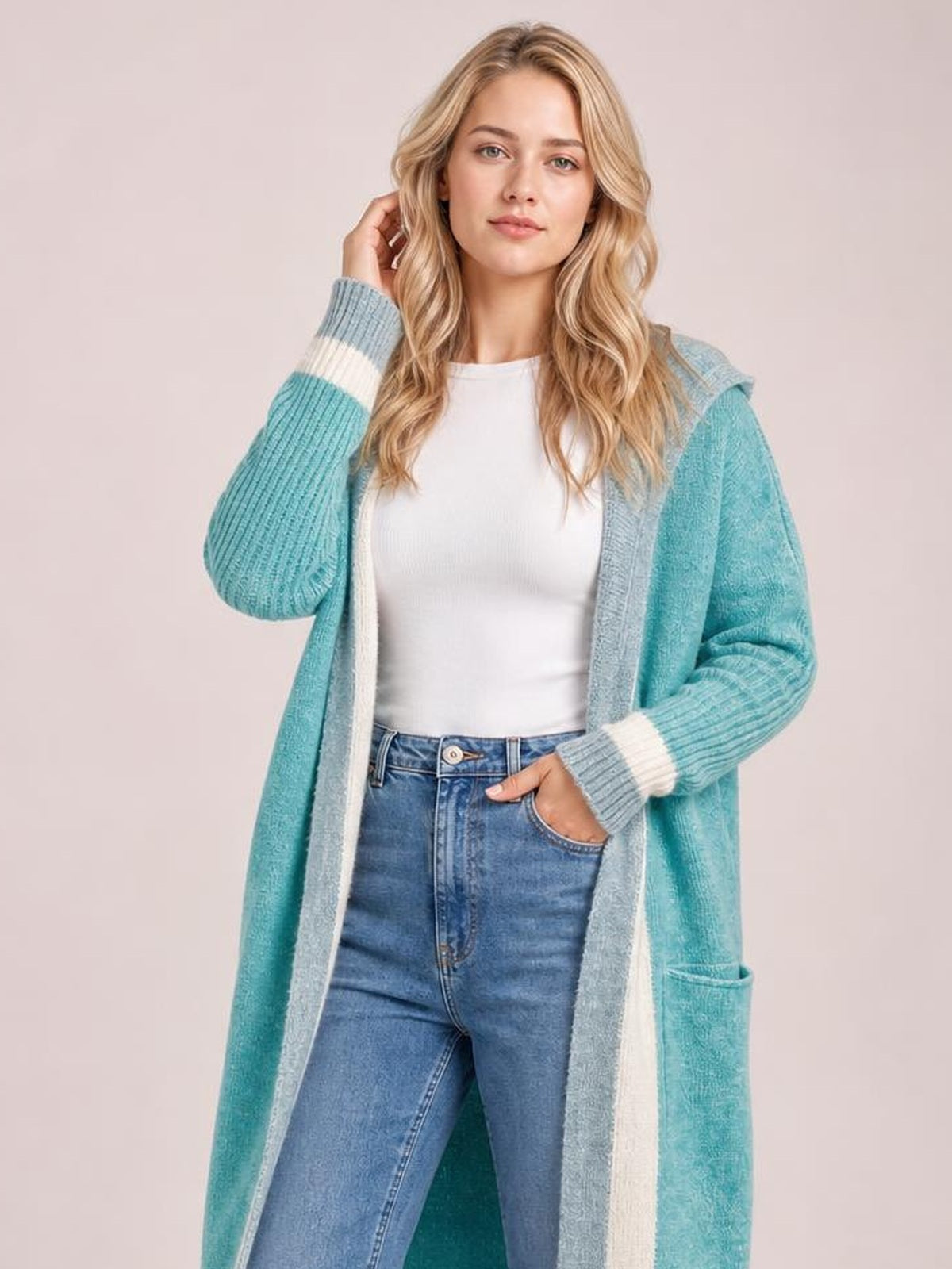 Pocketed Contrast Long Sleeve Hooded Cardigan · Rule Full Body - Medium / Three-Quarter