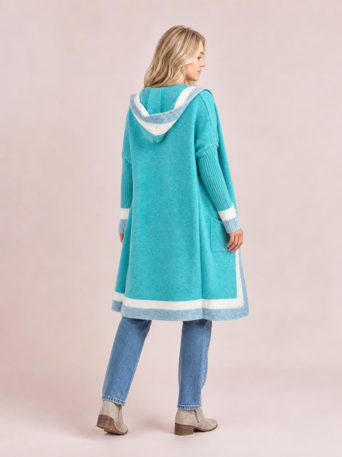 Pocketed Contrast Long Sleeve Hooded Cardigan · Rule Full Body - Back View