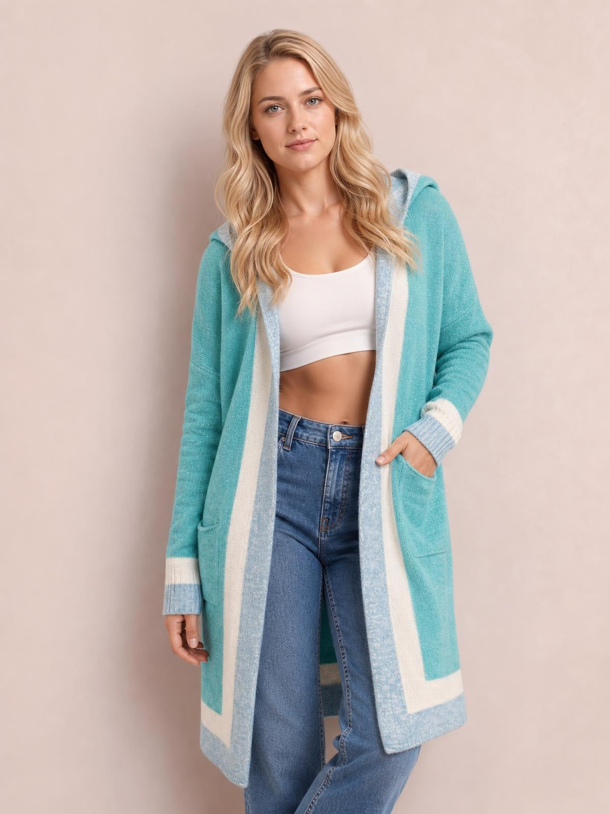 Pocketed Contrast Long Sleeve Hooded Cardigan · Rule Crop - Torso / Waist Up - Studio Prop Pose