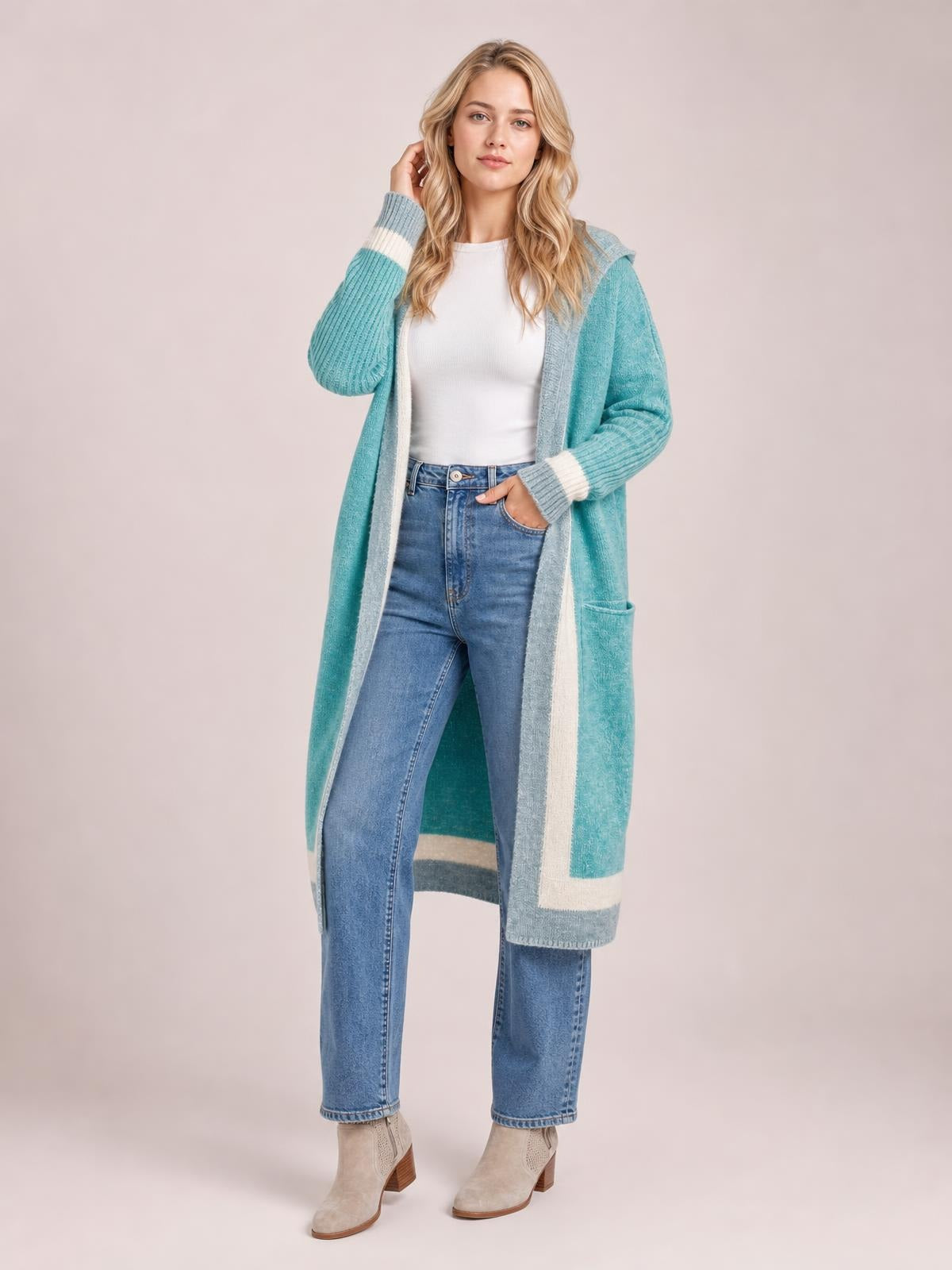 Pocketed Contrast Long Sleeve Hooded Cardigan · Rule Full Body - Medium / Three-Quarter