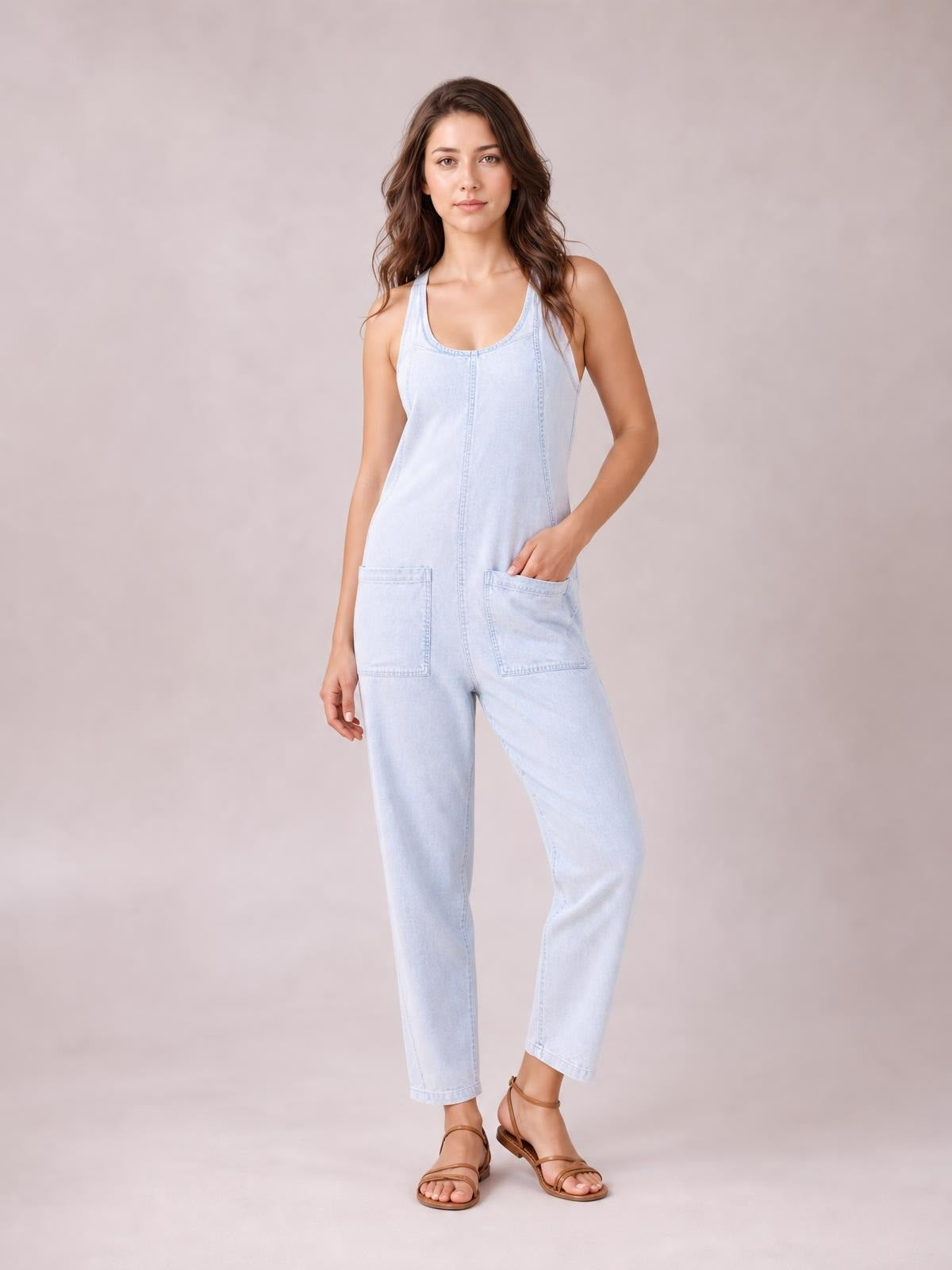 Model poses in light-wash denim overalls with spaghetti straps, a scoop neckline, straight-leg silhouette, and two front patch pockets.