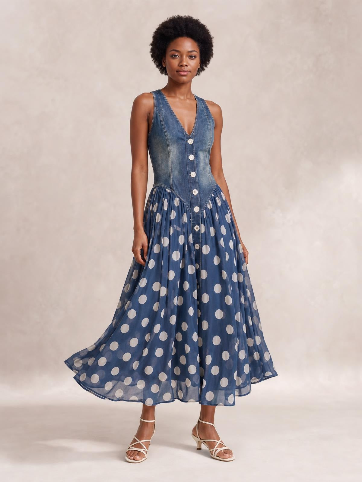 A model stands in a sleeveless blue denim bodice maxi dress with button front, fitted waist, and flowing polka dot skirt, holding the sides.