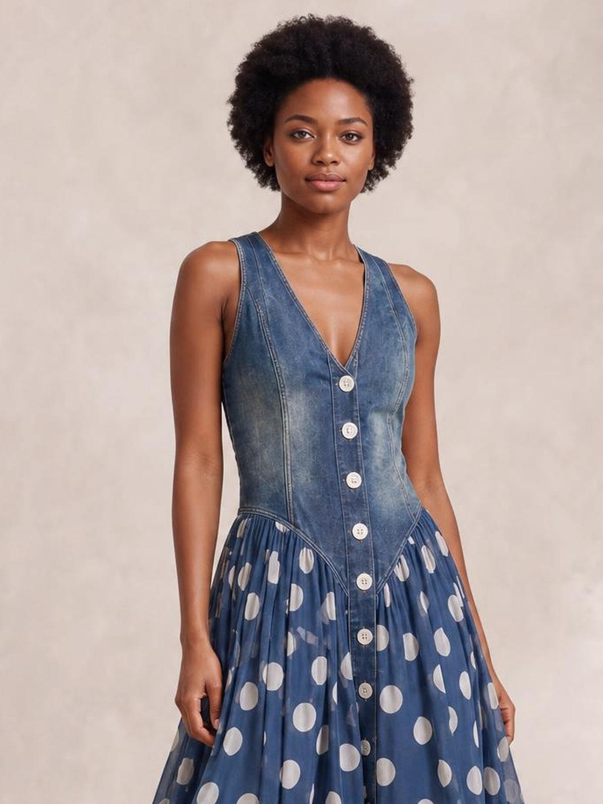 Model holds the skirt of a sleeveless maxi dress with a washed denim V-neck bodice, button front, fitted waist, and gathered blue polka-dot skirt.