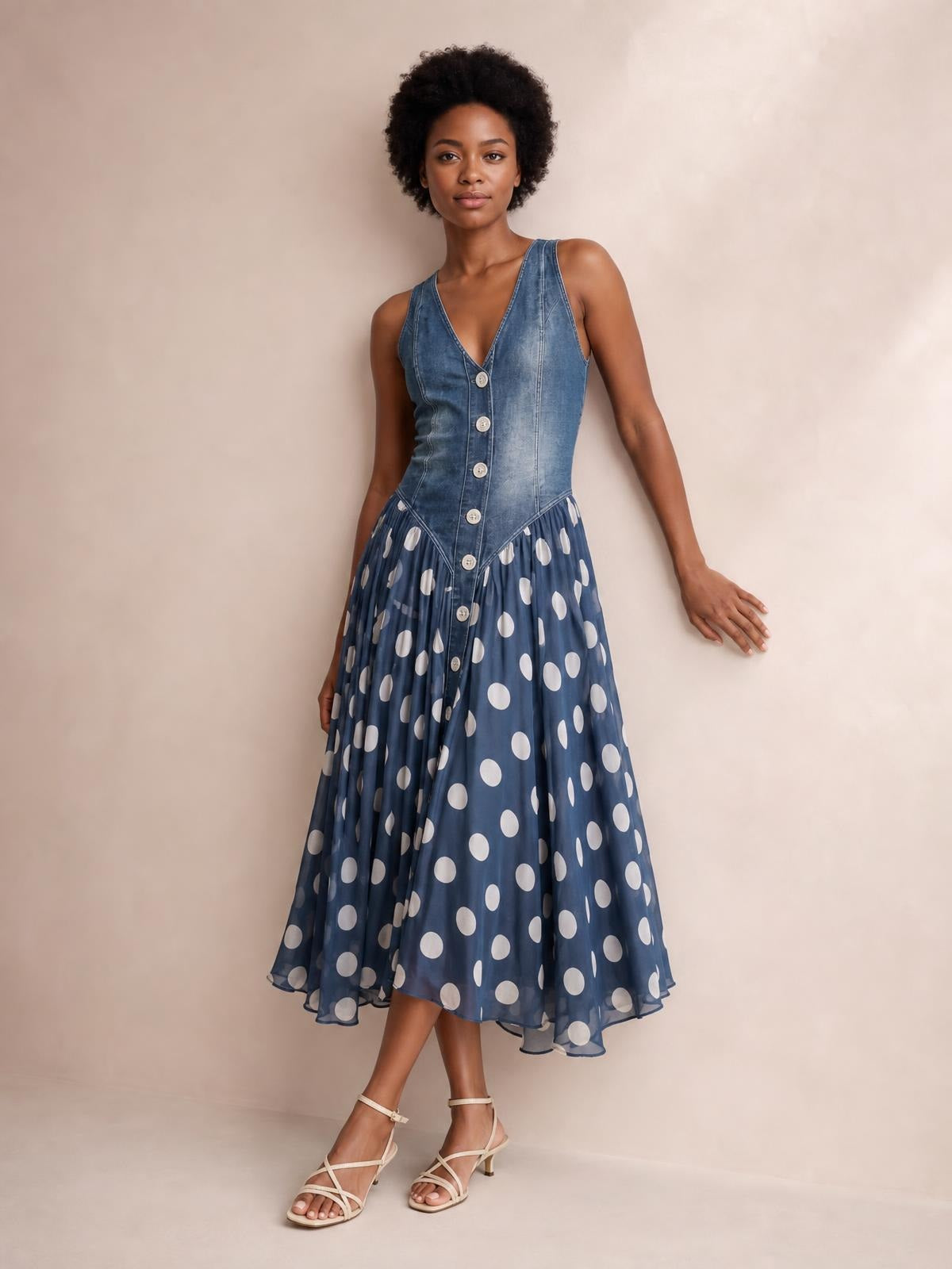 Model wears a washed blue denim bodice sleeveless maxi dress with button front, V-neckline, and flowing white polka dot skirt.