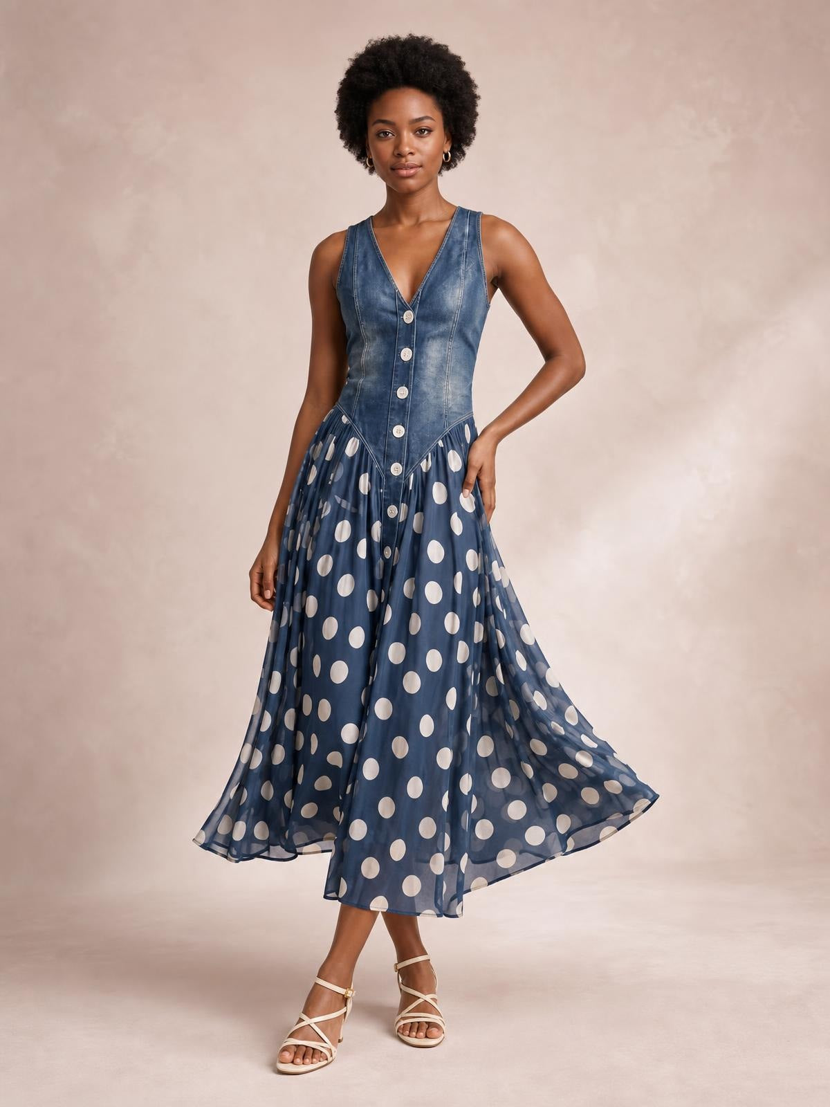A model poses in a sleeveless polka dot maxi dress with a washed denim buttoned bodice, fitted waist, and flowing flared skirt.