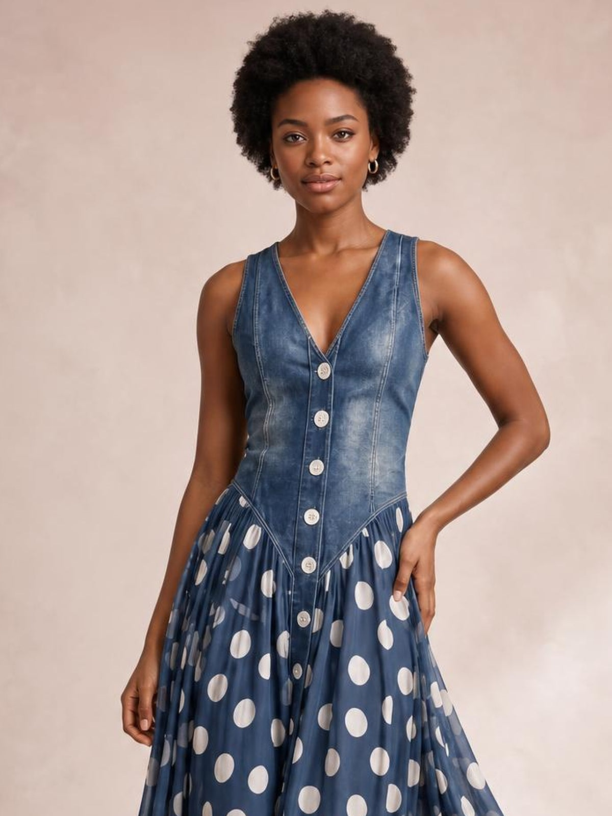 Model poses in a blue washed denim sleeveless maxi dress with a fitted V-neck button-front bodice and flowing white polka-dot skirt.
