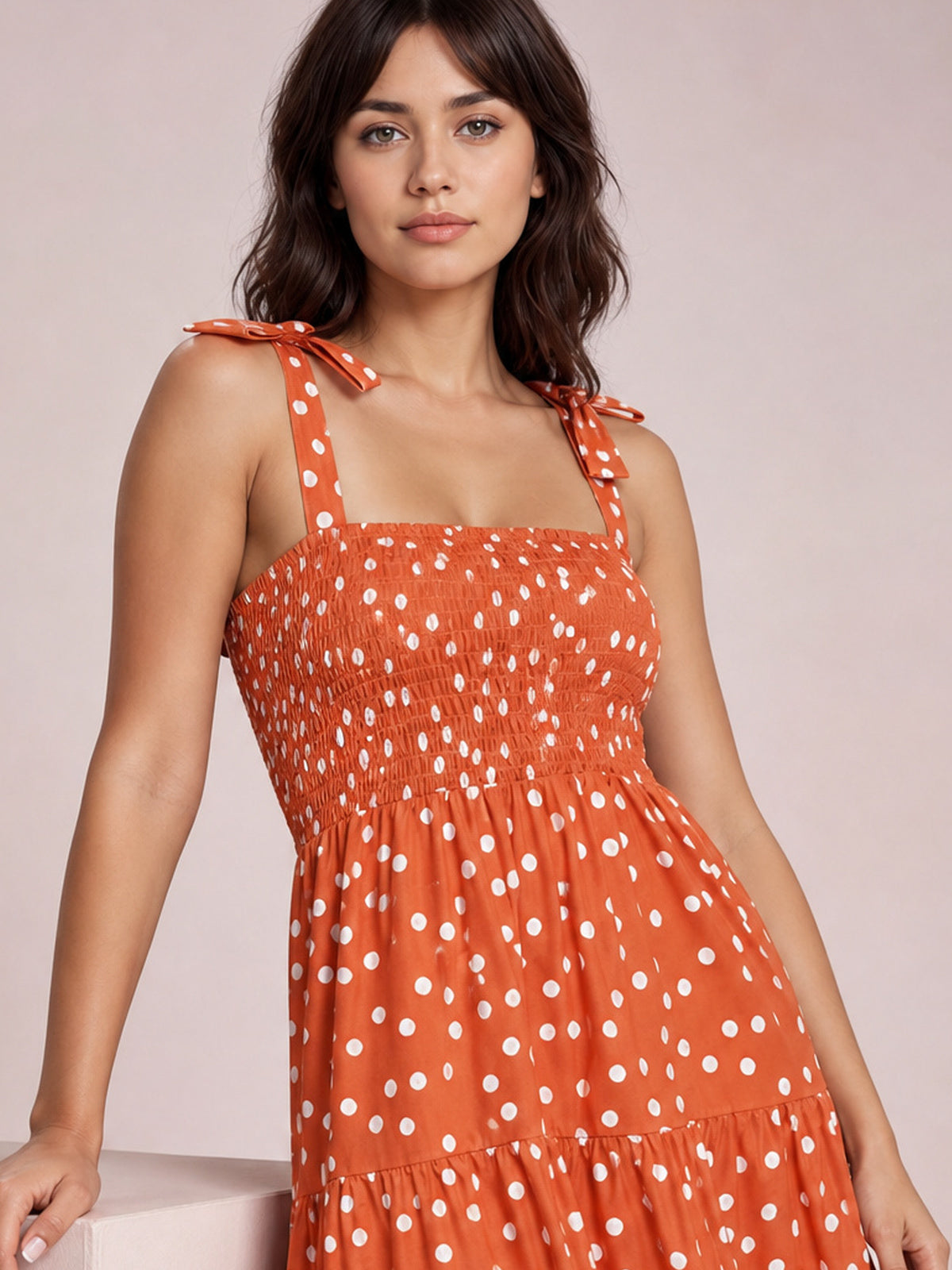 Polka Dot Smocked Tiered Sleeveless Dress-Soulshine Design