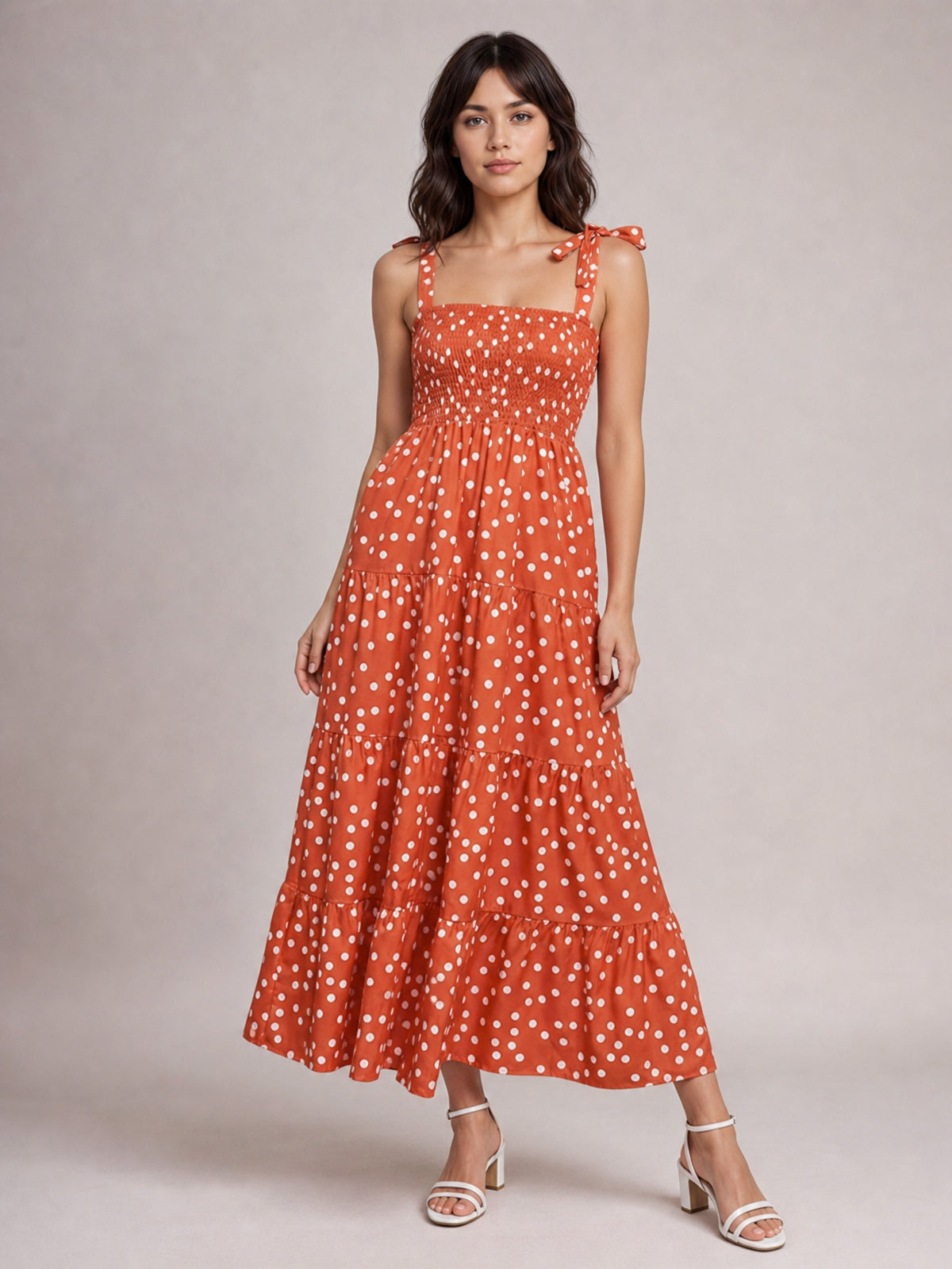 Polka Dot Smocked Tiered Sleeveless Dress-Soulshine Design