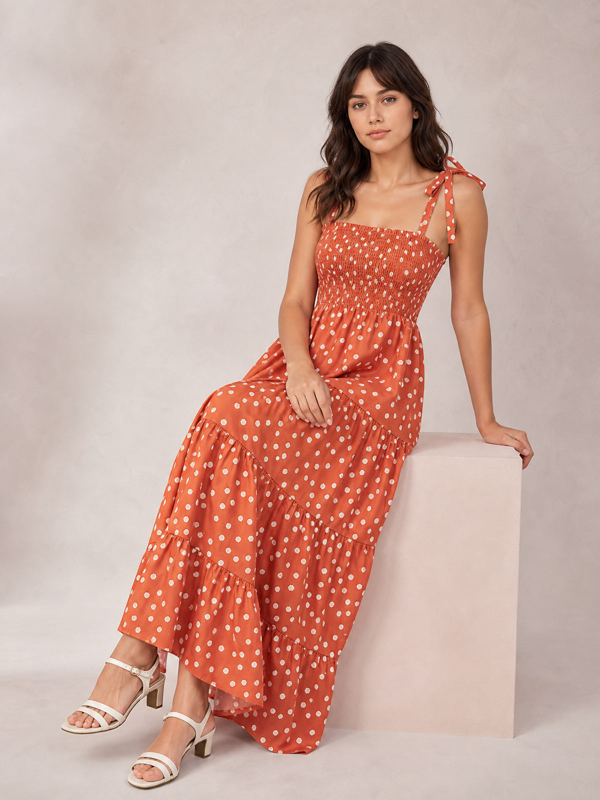 Polka Dot Smocked Tiered Sleeveless Dress-Soulshine Design