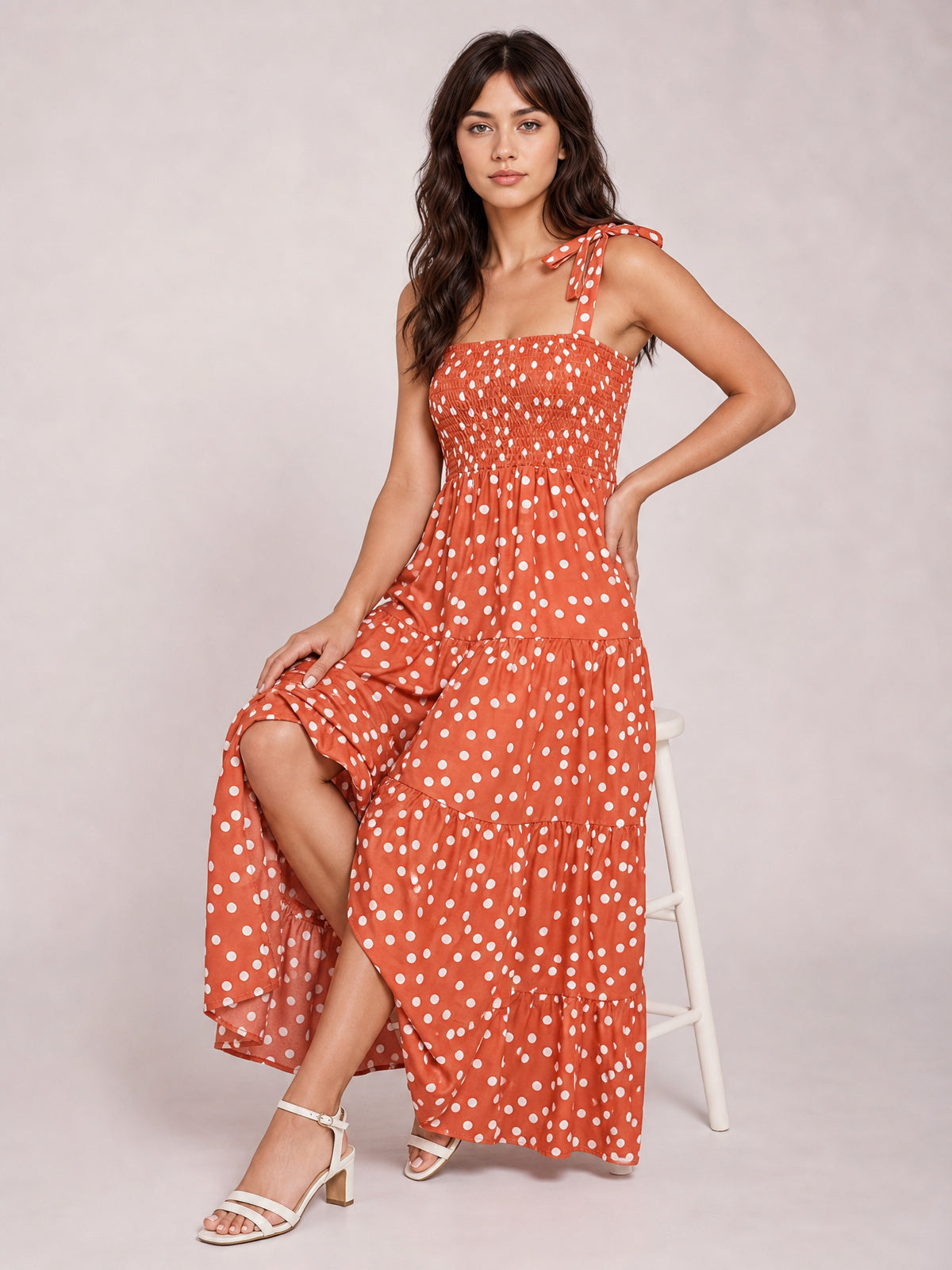 Polka Dot Smocked Tiered Sleeveless Dress-Soulshine Design