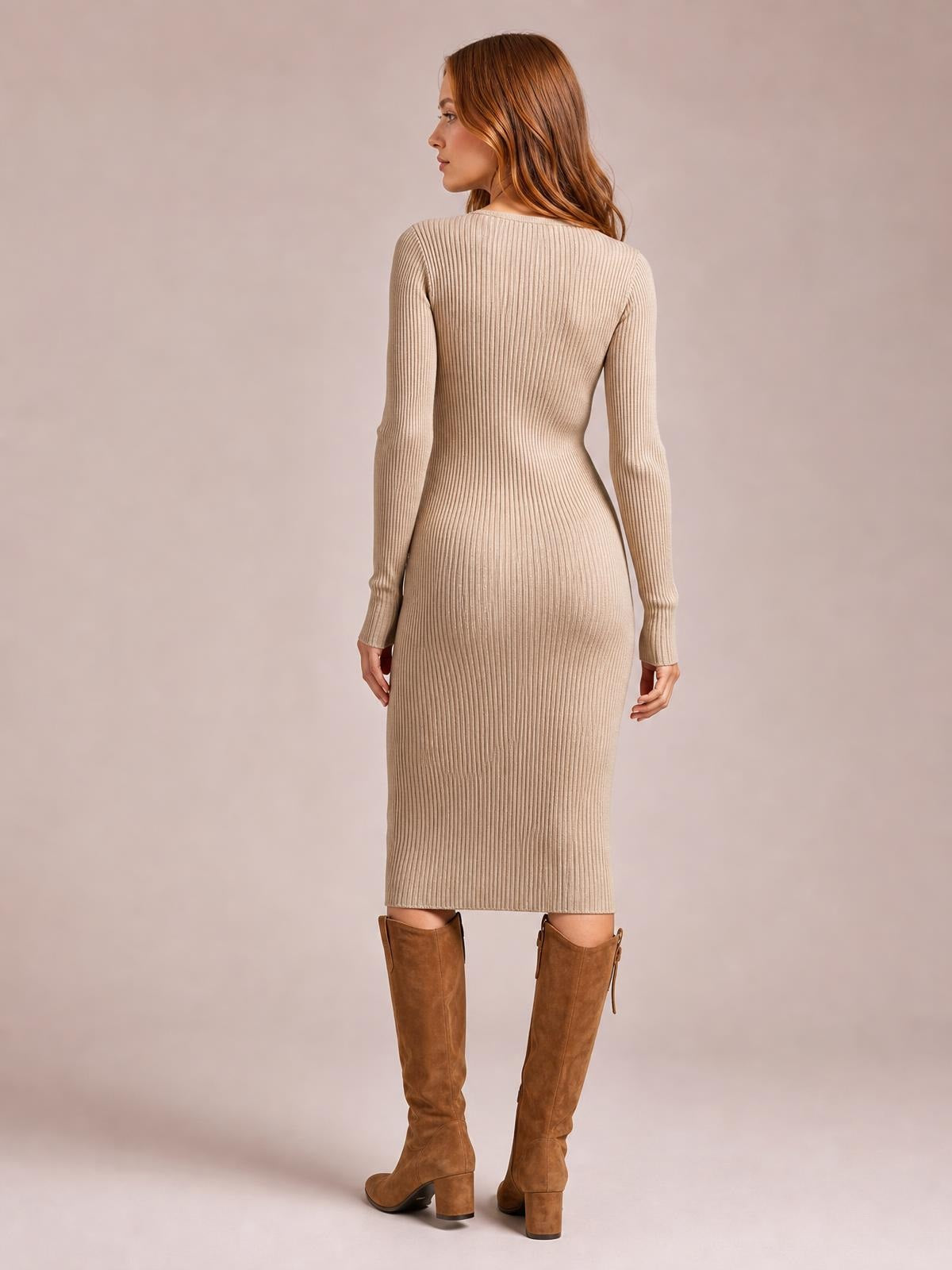 Model shown from behind in a beige ribbed knit dress with long sleeves and a fitted, figure-hugging midi silhouette.