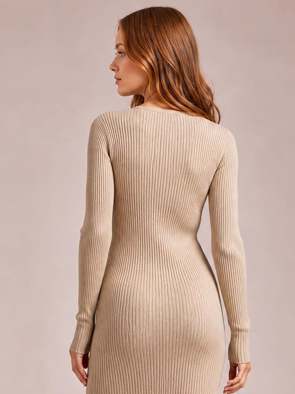 Model shown from the back in a beige polo collar ribbed knit dress with long sleeves, vertical texture, and a fitted, figure-hugging silhouette.
