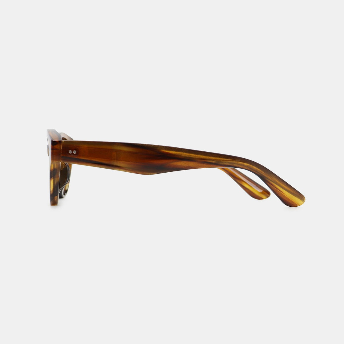 Brown tortoiseshell-style polycarbonate cat-eye sunglasses shown in side profile, featuring slender temples and a softly upswept frame with rounded lenses.