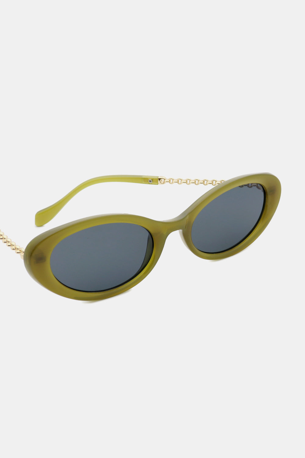 Olive-green polycarbonate cat-eye sunglasses feature rounded dark lenses, a softly upswept frame, and gold-tone chain-detail hybrid temples.