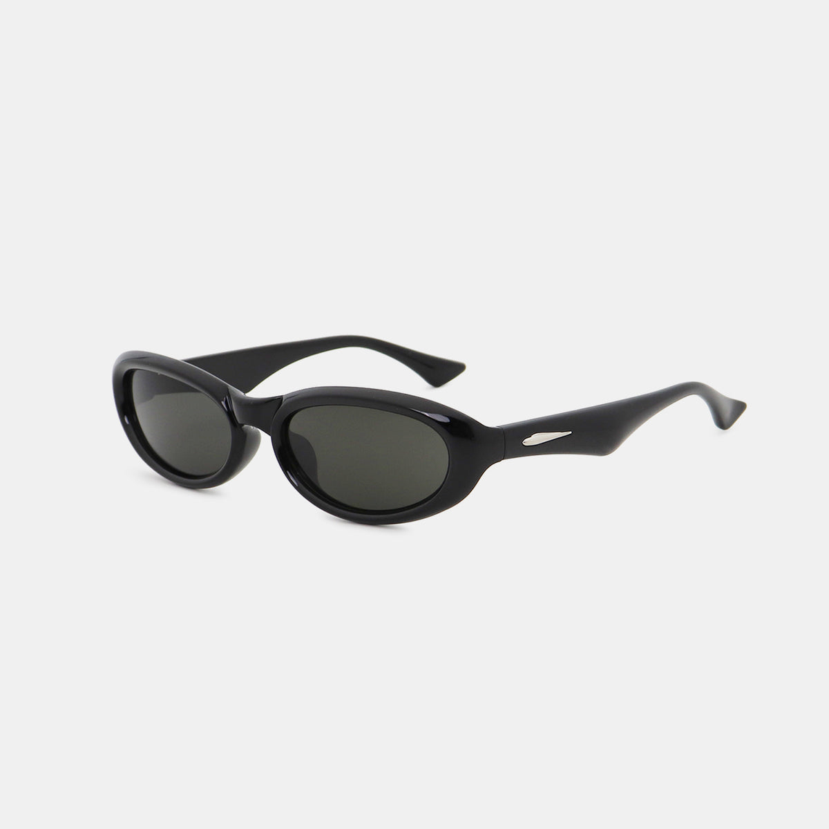 Glossy black polycarbonate cat-eye sunglasses feature softly sculpted oval lenses, gently raised outer edges, a smooth bridge, and tapered temples.