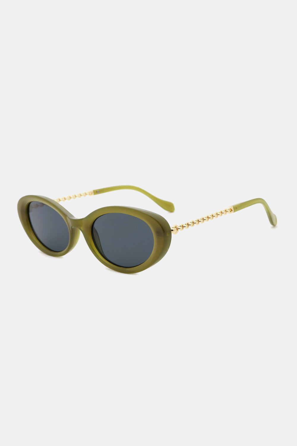 Olive green polycarbonate cat-eye sunglasses feature rounded dark lenses, a softly upswept frame, and gold-toned metal-plastic hybrid temples.