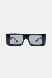 Black polycarbonate rectangle sunglasses feature a broad, structured front, squared lenses, and thick streamlined frames for a bold modern silhouette.