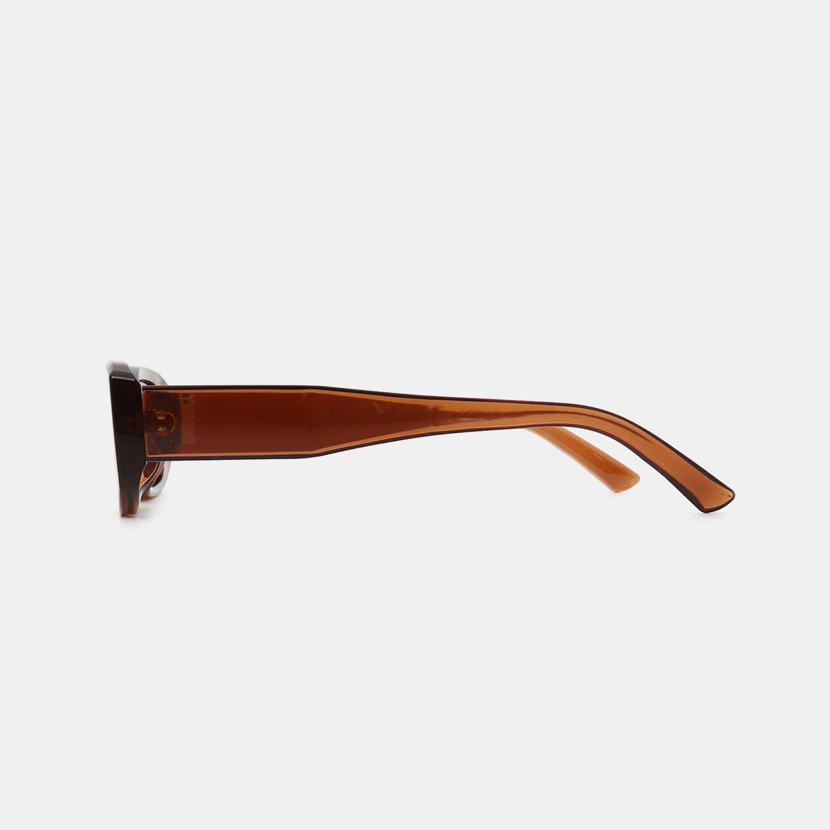 Side view of brown translucent polycarbonate rectangle sunglasses showing the broad squared frame, wide streamlined temple, and softly curved ear tip.
