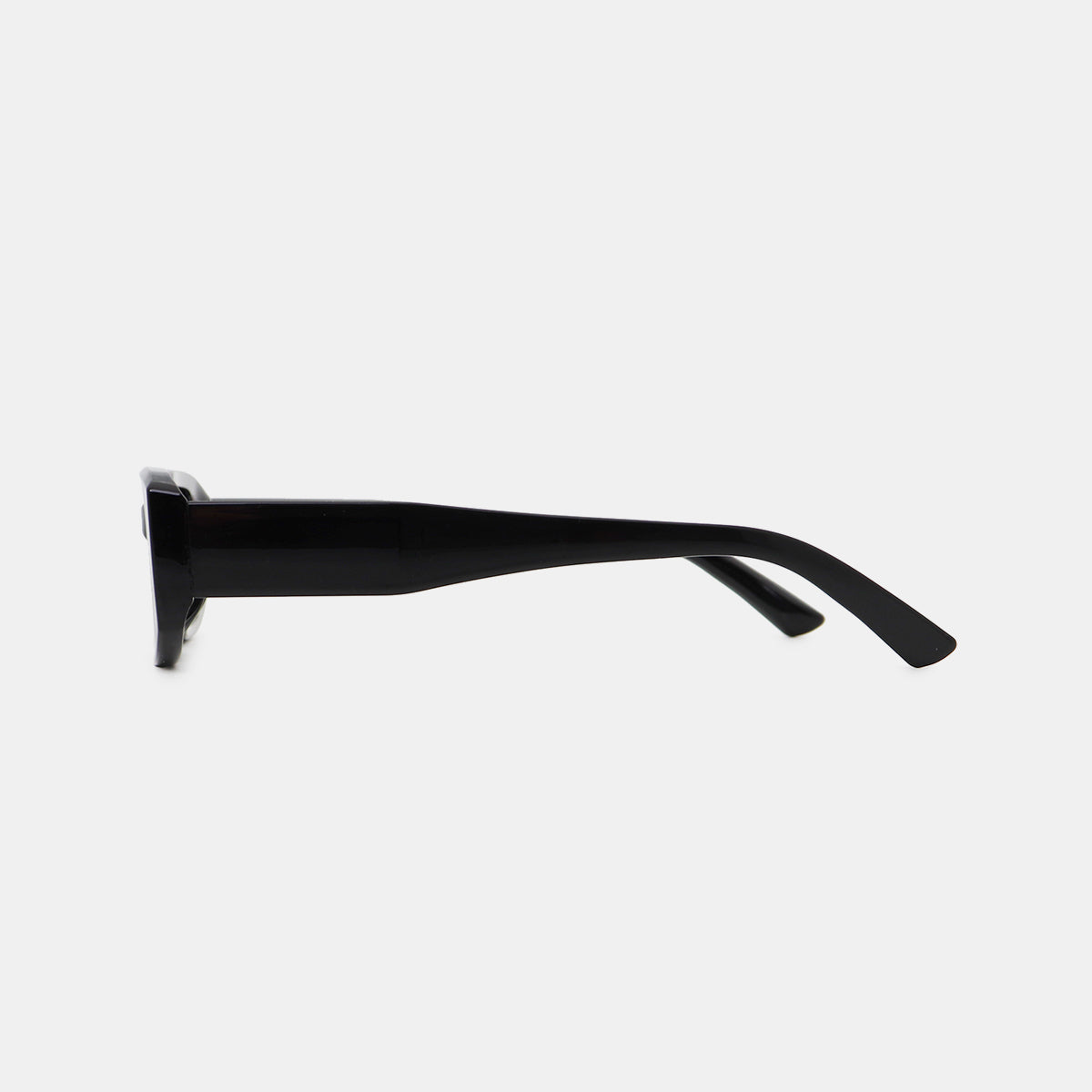 Black polycarbonate rectangle sunglasses shown in side profile, featuring a broad squared frame, wide temples, softly shaped corners, and a sleek modern silhouette.