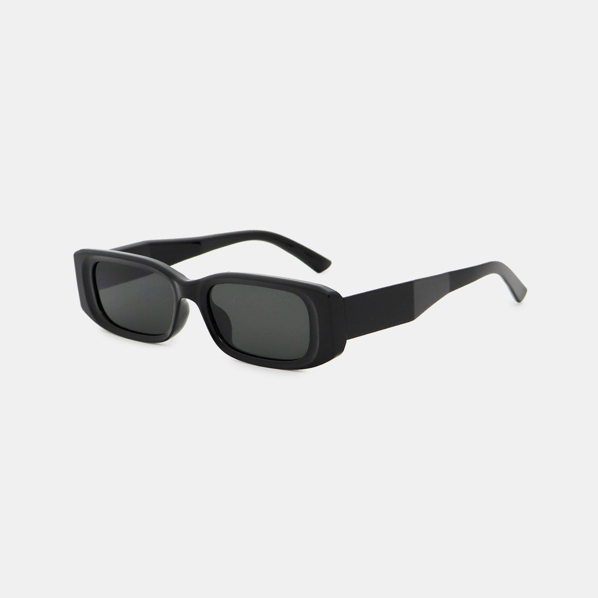 Black polycarbonate rectangle sunglasses feature a broad squared frame, softly rounded corners, dark lenses, and wide temples for a sleek modern silhouette.