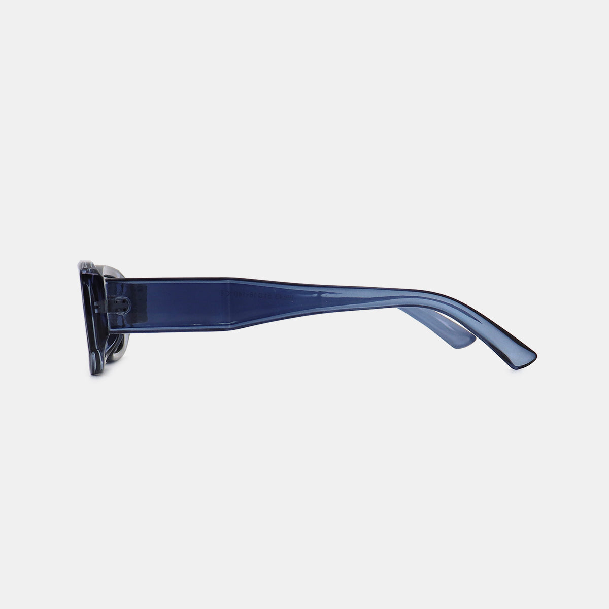Side view of navy polycarbonate rectangle sunglasses featuring a broad streamlined temple, sturdy hinge, softly curved ear tip, and modern squared construction.