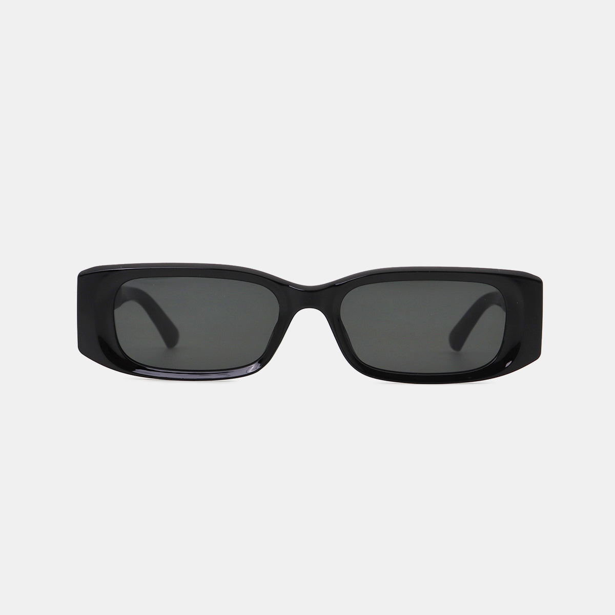 Glossy black polycarbonate rectangle sunglasses feature a broad squared frame, softly rounded corners, dark lenses, and wide temples for a sleek modern silhouette.