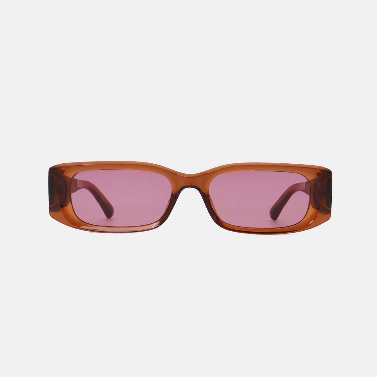 Translucent amber polycarbonate rectangle sunglasses feature broad squared frames, softly rounded corners, pink lenses, and wide temples for a modern silhouette.