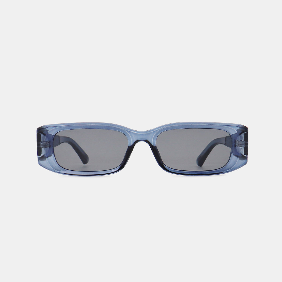 Translucent blue polycarbonate rectangle sunglasses feature broad squared frames, softly rounded corners, dark gray lenses, and thick wide temples for a modern structured look.