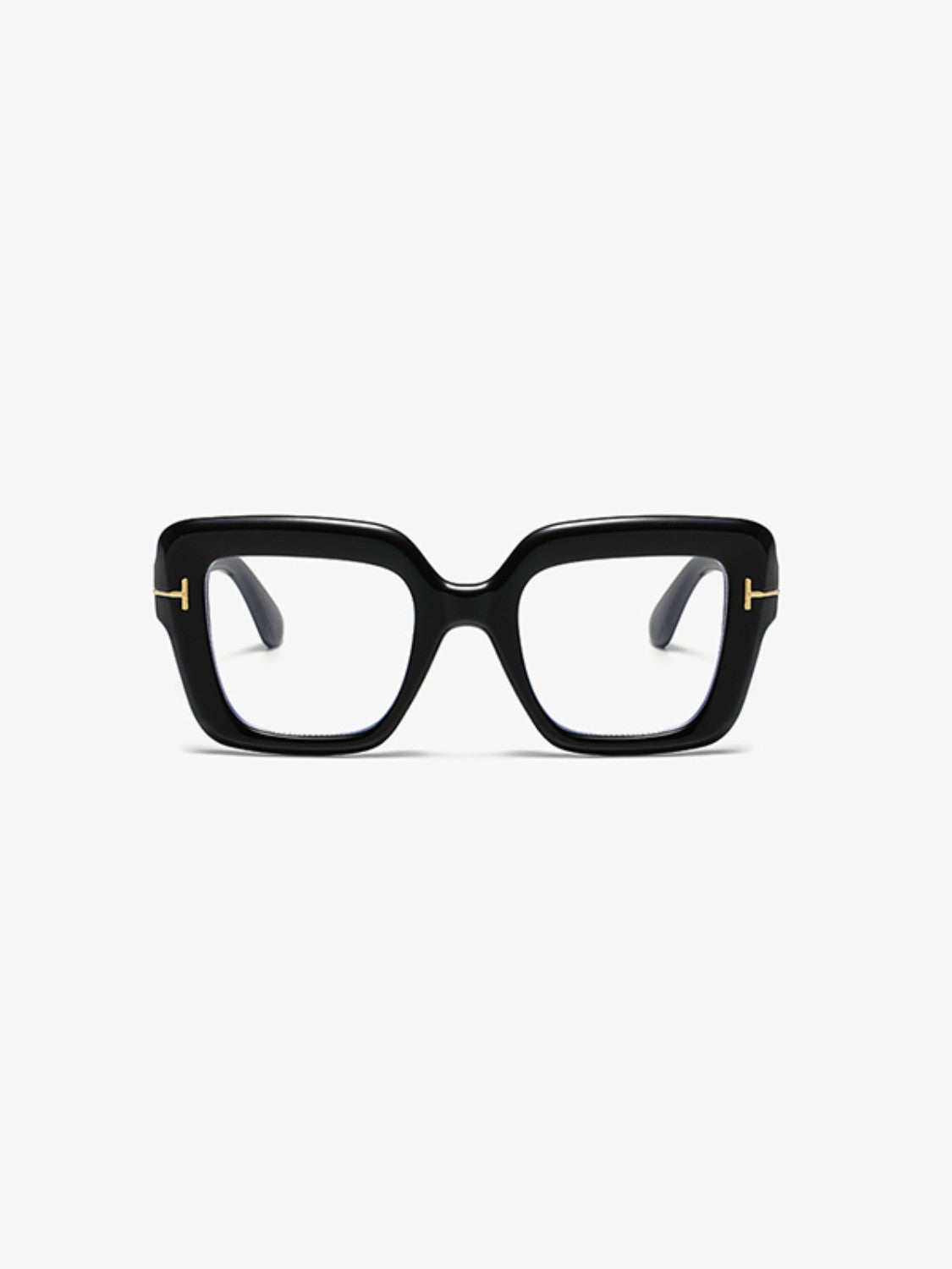 Black polycarbonate square sunglasses feature softly rounded edges, broad temples, clear lenses, and subtle gold-tone hinge accents.