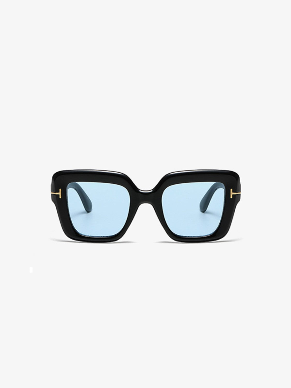 Black polycarbonate square sunglasses with softly rounded edges, pale blue lenses, broad temples, and subtle gold-tone hinge accents.