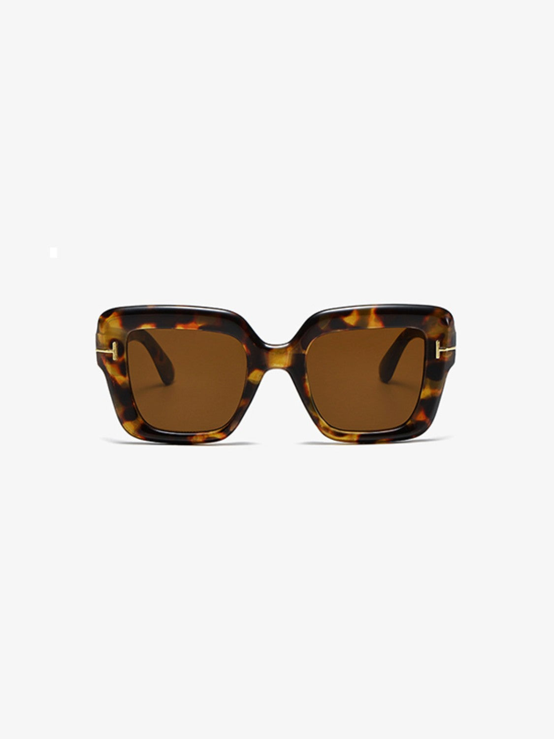 Square polycarbonate sunglasses in a tortoiseshell frame feature softly rounded edges, brown lenses, broad temples, and subtle metal-look hinge accents.