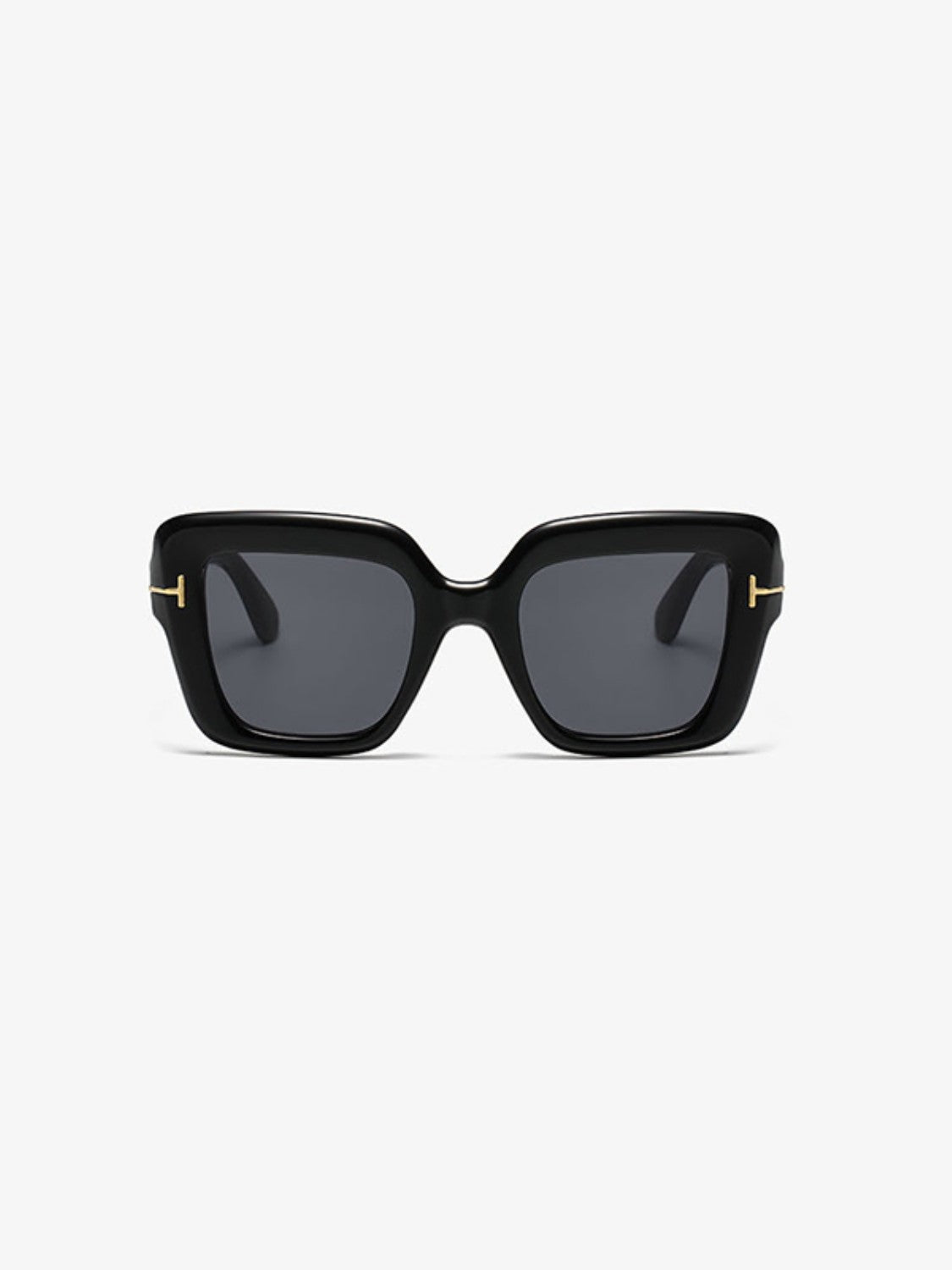 Black polycarbonate square sunglasses with softly rounded edges, dark lenses, broad temples, and subtle metal-look hinge accents.
