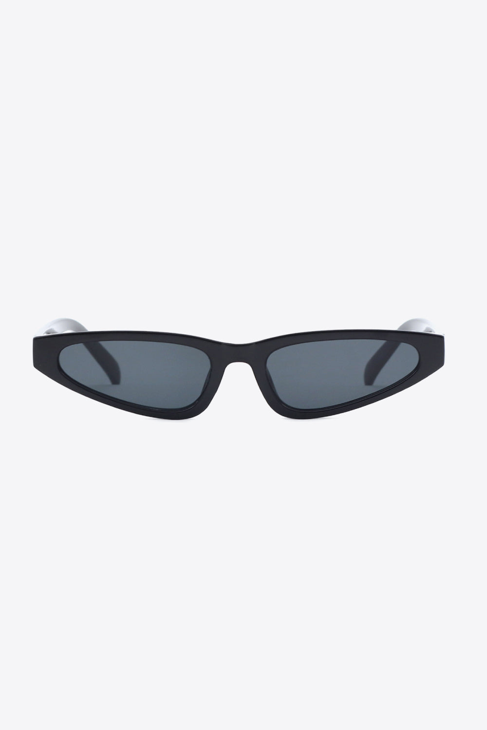 Black polycarbonate cat-eye sunglasses feature a sleek, gently upswept frame, dark gray acetate lenses, and matching structured temples with UV400 protection.