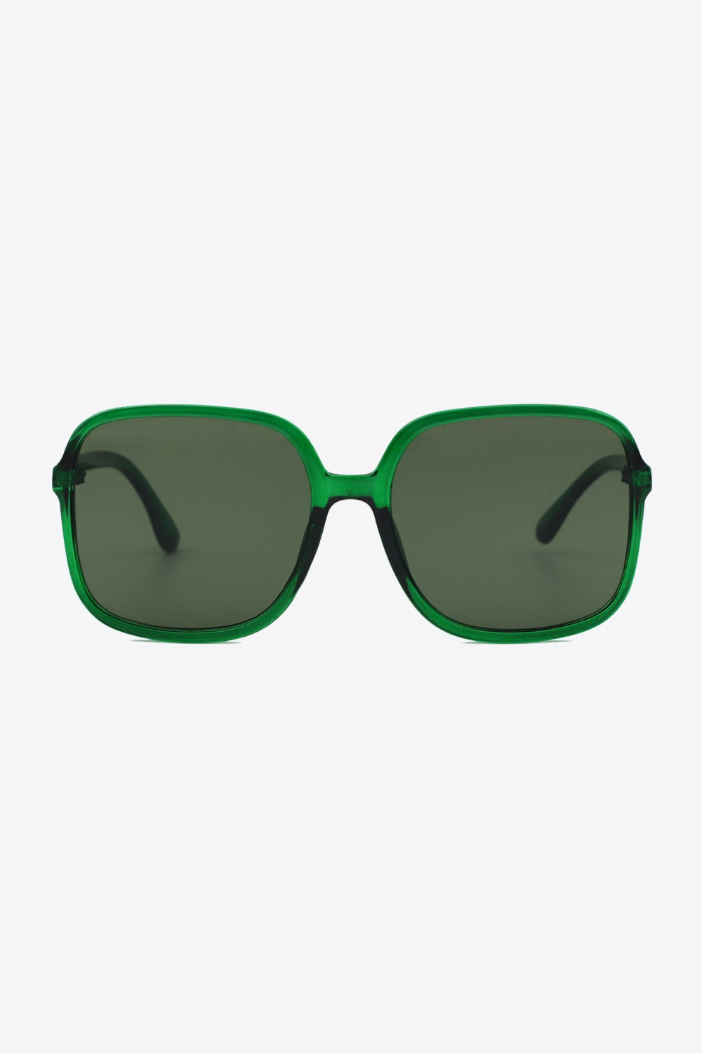 Green polycarbonate square sunglasses feature softly rounded frames, broad dark lenses, a defined top line, and sleek temples for a bold, streamlined silhouette.