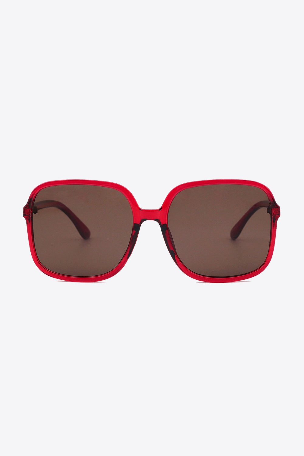 Red polycarbonate square sunglasses feature broad brown lenses, a softly rounded silhouette, a defined top line, and substantial streamlined temples.