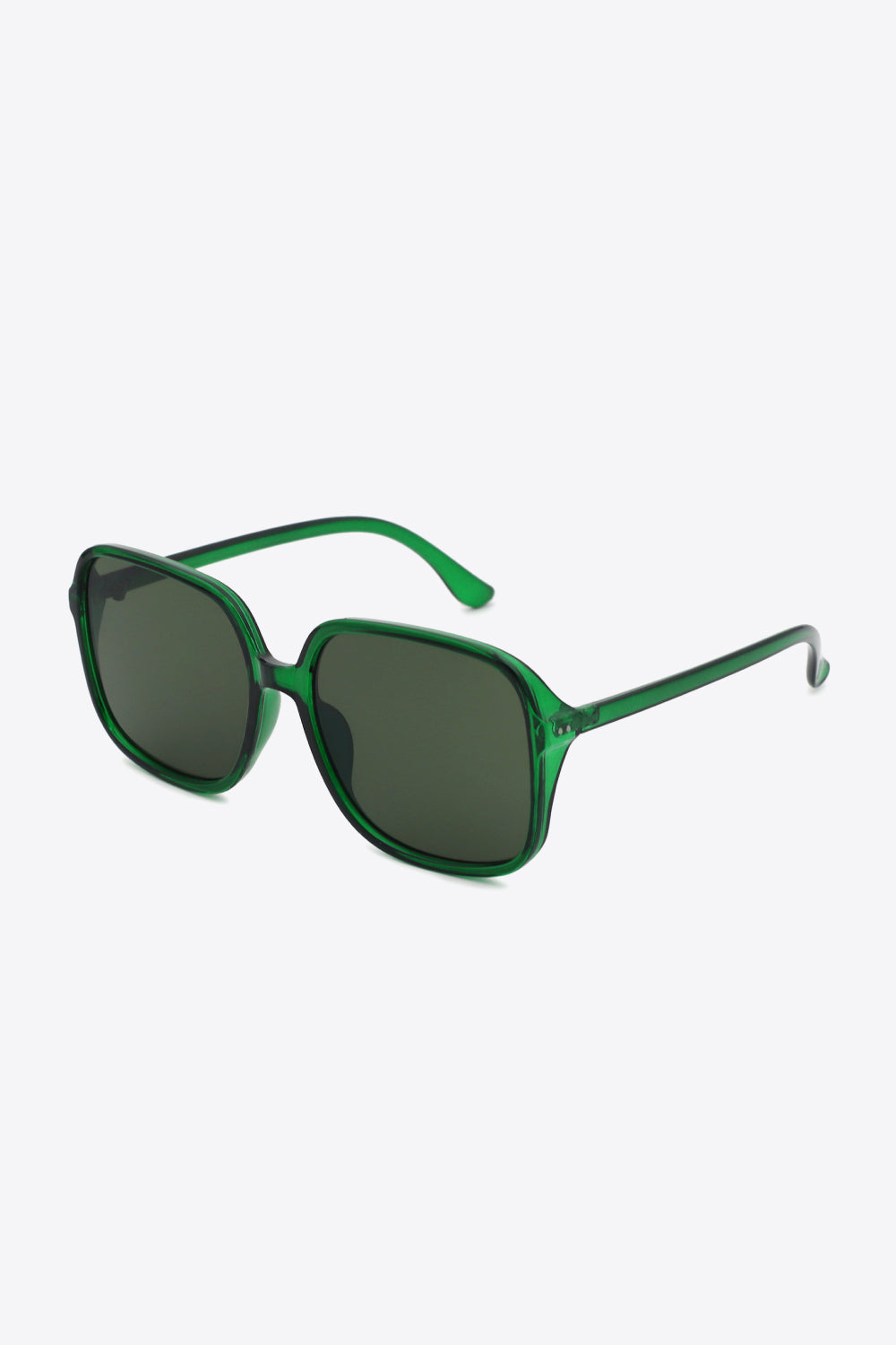 Green polycarbonate square sunglasses feature a softly rounded frame, broad dark lenses, a defined top line, and sleek matching temples.